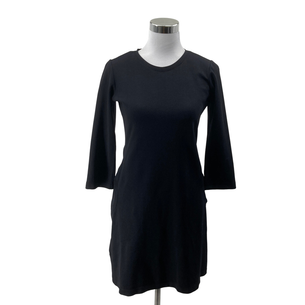Lesley Evers XS Black 3/4 Sleeve Pocket Dress Chevron Knit Shift